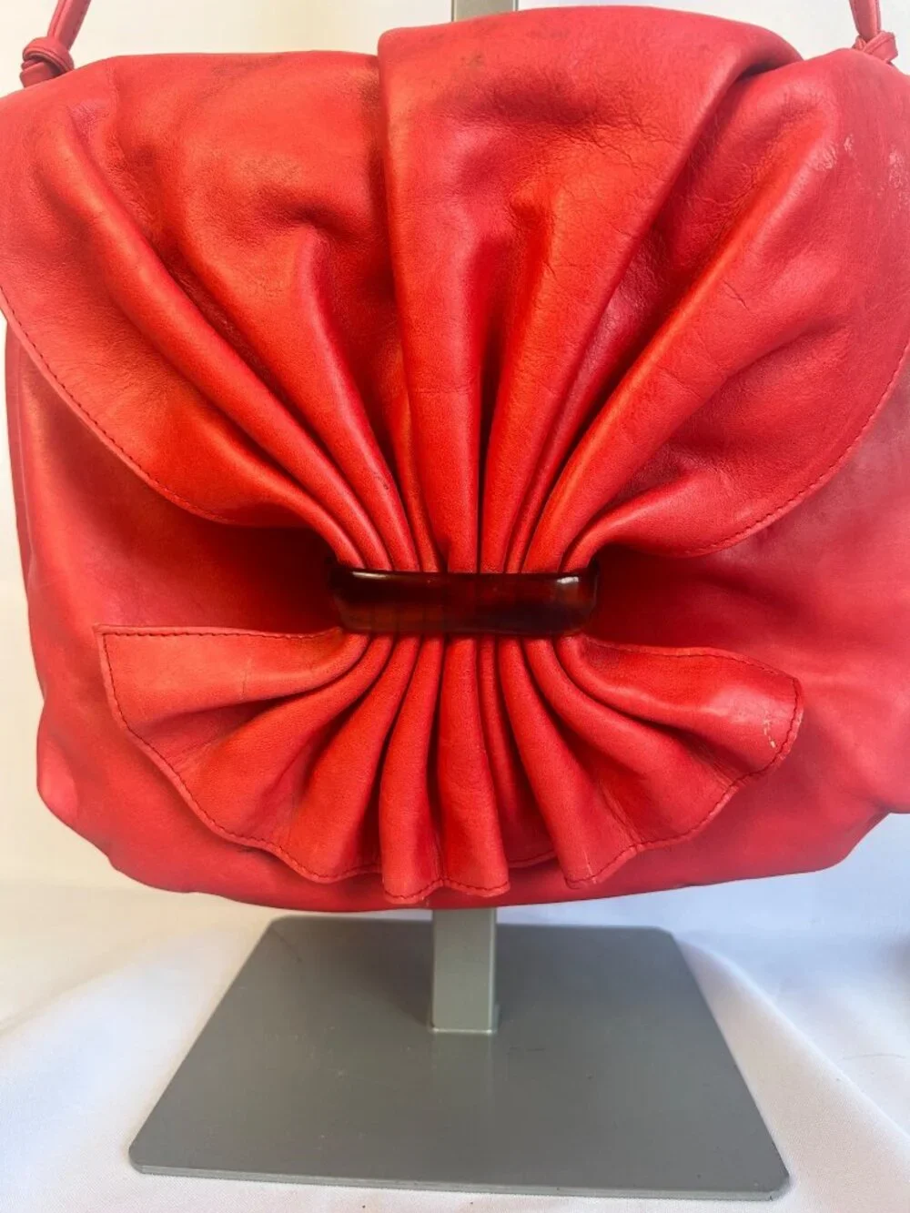 Women's Red Leather Shoulder Bag Bow Flap Purse Slouch Hobo Handbag Adjustable S
